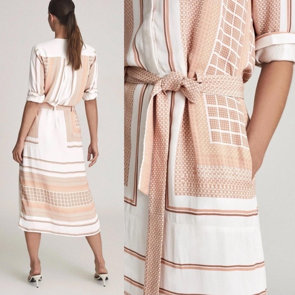 Reiss Harper Scarf Print Midi Dress Mono Nude White Print Shift Tie Waist Belt 6 - Picture 15 of 15